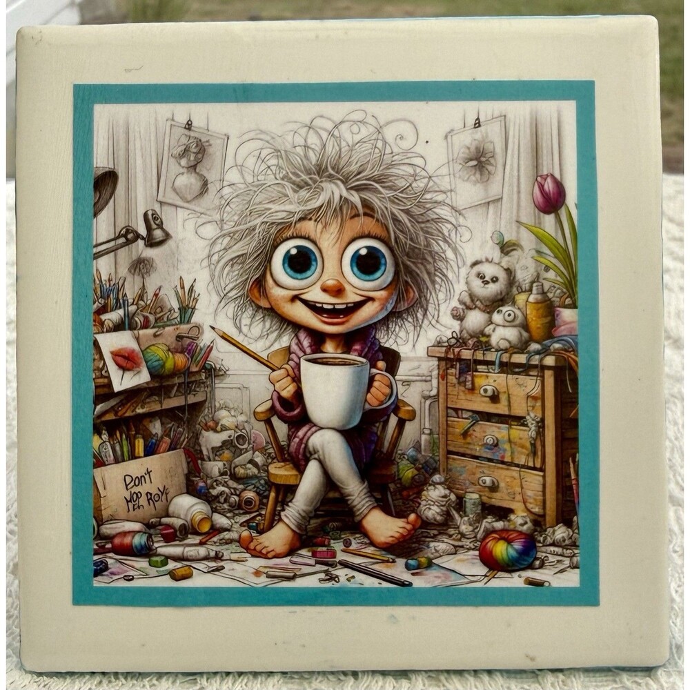 Barto Design Whimsical Big Eyes Girl Decoupage Tile Coffee Time Craft Messy Room